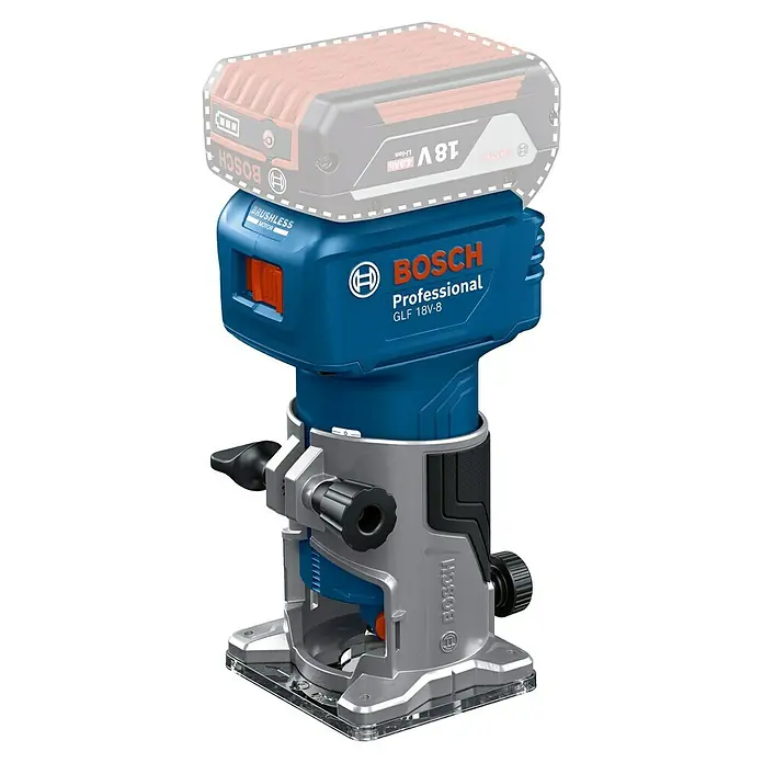 Bosch Professional AMPShare 18V Akku-Kantenfräser GLF 18V-8 PRO SOLO - 18 V, Ohne Akku, 10.000 U/min - 30.000 U/min, Inkl. L-Boxx - Blauer und silberner Bosch Professional GLF 18V-8 Akku-Oberfräse.
