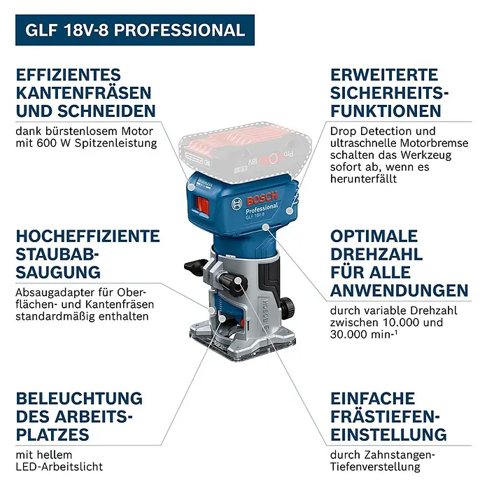 Bosch Professional AMPShare 18V Akku-Kantenfräser GLF 18V-8 PRO SOLO - 18 V, Ohne Akku, 10.000 U/min - 30.000 U/min, Inkl. L-Boxx - Ein blauer und silberner Bosch GLF 18V-8 Professional Akku-Oberfräser.