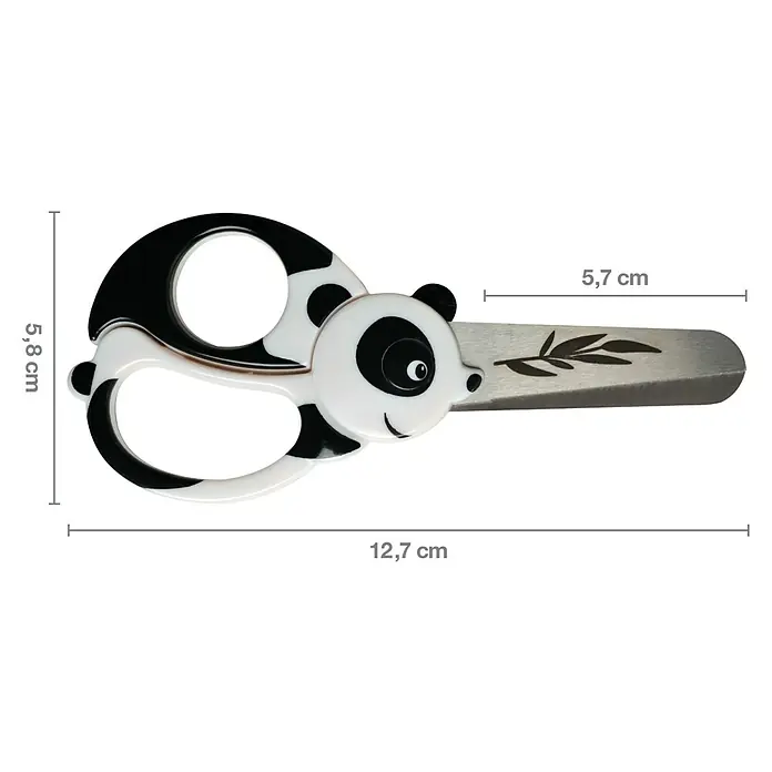 Fiskars Bastelschere Panda 4+ - Länge: 131 mm - Schwarz-weiße Panda-Schere mit silberner Klinge, 12,7 cm lang, 5,8 cm breit. Klinge mit Blattmotiv.