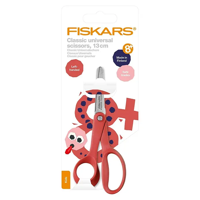 Fiskars Bastelschere Classic - Rot - Rote Fiskars Universalschere, 13cm, für linkshändige Kinder ab 8 Jahren, mit sicheren Edelstahlklingen. Hergestellt in Finnland.