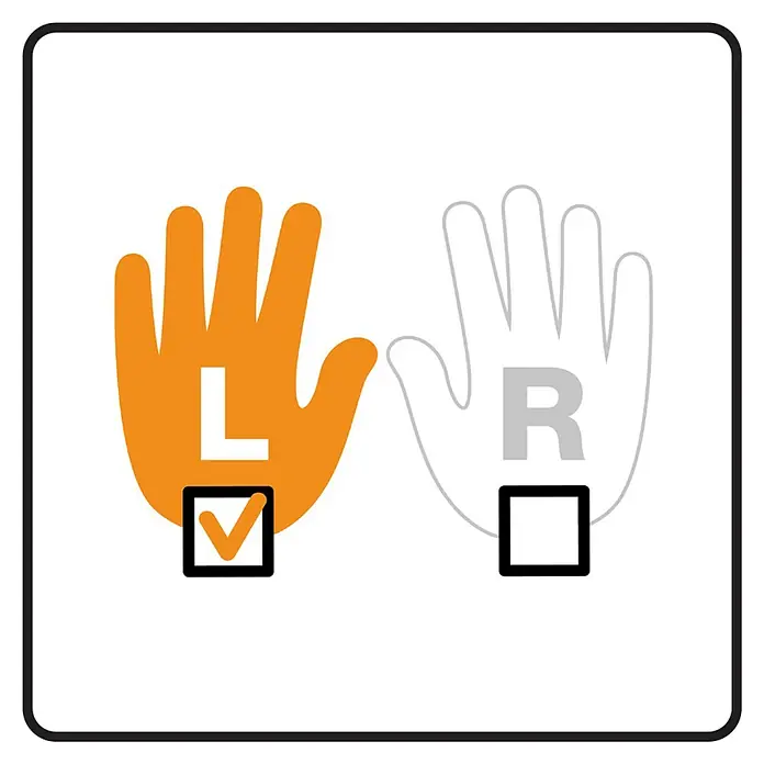 Fiskars Bastelschere Classic - Rot - Illustration einer orangen linken Hand mit Häkchen und einer skizzierten rechten Hand mit leerem Kästchen, Auswahl der linken Option zeigend.