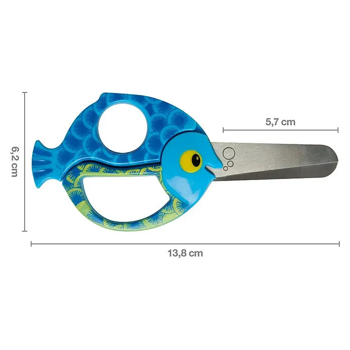 Fiskars Bastelschere Tierscheren Fisch 4+ - Länge: 138 mm - Kinder-Schere mit blauen fischförmigen Griffen und Metallklingen, mit gelbem Auge und Schuppenmuster.