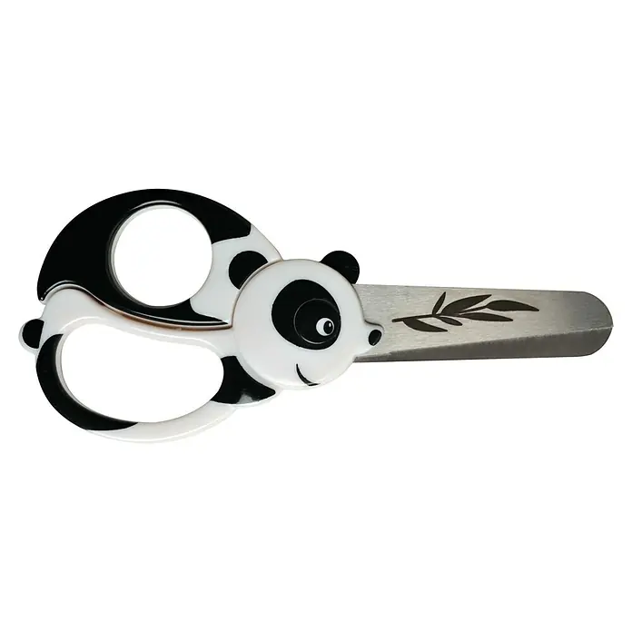Fiskars Bastelschere Panda 4+ - Länge: 131 mm - Schwarz-weiße Schere im Panda-Design mit silbernen Metallklingen und Blättergravur.