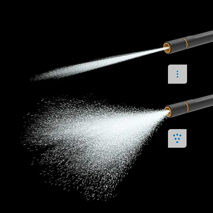 Fiskars Gießstab Comfort - Länge: 76 cm, Aluminium - Dunkelgraue Düse mit orangefarbenem Akzent zeigt zwei Sprühmuster: schmaler Strahl und breiter Duschstrahl.