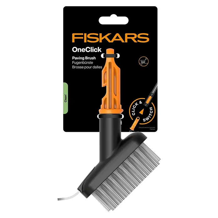 Fiskars OneClick Fugenbürste - Passend für: Jeden OneClick-Stiel - Fiskars OneClick Fugenbürste, schwarz-orange mit Metallborsten, in schwarzer Einzelhandelsverpackung.