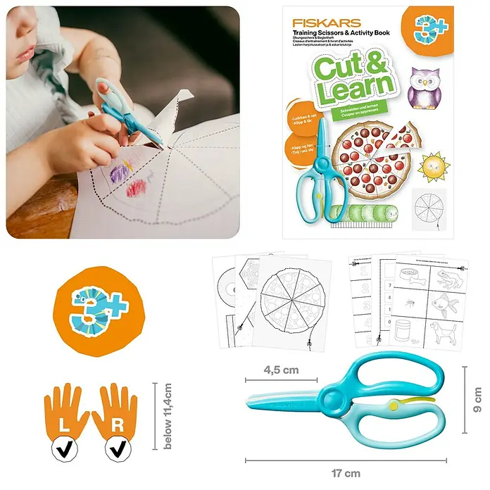 Fiskars Bastel-Set Kinderschere & Bastelheft - 2 -tlg. - Hellblaue Fiskars Lernschere für 3+ Jährige mit Federöffnung und Aktivitätsbuch zum Schneidenlernen, für Links- und Rechtshänder.