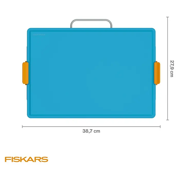 Fiskars Werkzeugkoffer Bastelbox Kids - L x B x H: 386 x 77 x 252 mm, Kunststoff - Blaues Kunststoff-Tragegehäuse mit grauem Griff und orangefarbenen Verschlüssen zur Aufbewahrung.