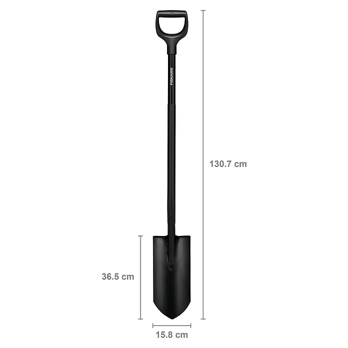 Fiskars Ergonomic Gärtnerspaten Pro - Arbeitsbreite: 15,8 cm, Länge: 1.307 mm - Schwarze Schaufel mit D-Griff und Maßen (Gesamtlänge 130,7 cm, Blatt 36,5x15,8 cm).