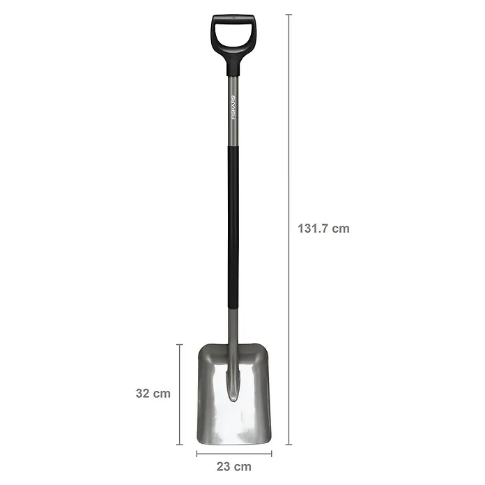 Fiskars Ergonomic Schaufel - Breite: 230 mm, D-Griff - Fiskars D-Griff Schaufel mit silberner Metallschaufel und schwarz/grauem Stiel, 131,7 cm Gesamtlänge.