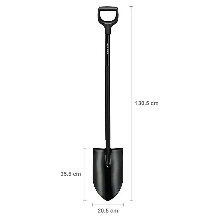 Fiskars Ergonomic Gärtnerspaten Pro - Arbeitsbreite: 20,5 cm, Länge: 1.305 mm - Schwarze Fiskars Schaufel mit D-Griff. Gesamtlänge 130,5 cm, Schaufelblatt 35,5 cm lang, 20,5 cm breit.