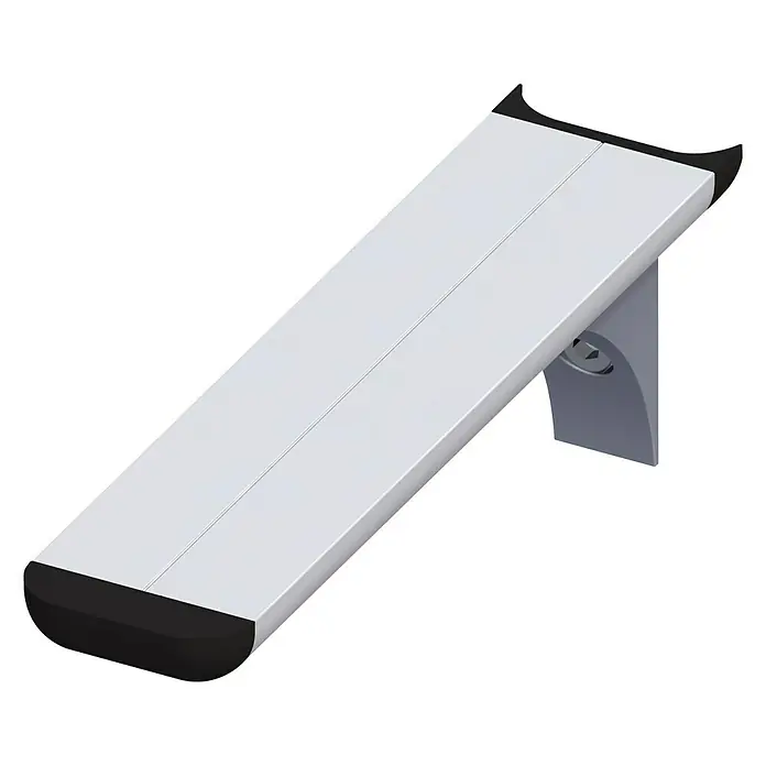 Kantoflex Coaxis Regalträger - 250 x 51 mm, Aluminium, Eloxiert, Traglast: 25 kg - Abgebildet ist eine stufenförmige Wandhalterung mit einer weißen, zweiteiligen Ablage und schwarzen Enden für eine moderne Optik.