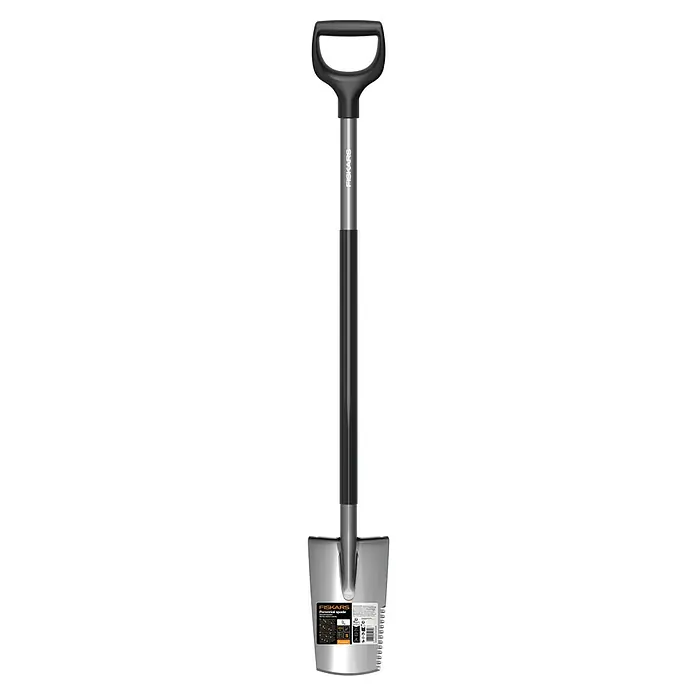 Fiskars Ergonomic Gärtnerspaten - 1.230 mm - Fiskars Staudenspaten mit silbernem Blatt, schwarzem Griff und zweifarbigem Stiel.