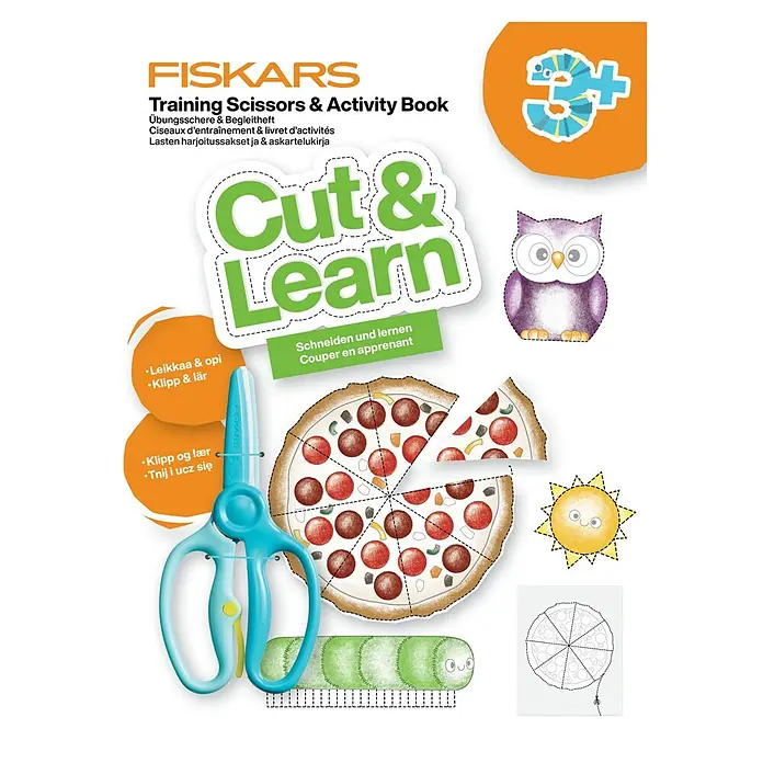 Fiskars Bastel-Set Kinderschere & Bastelheft - 2 -tlg. - Fiskars Lernschere-Set (3+) mit blauer Schere und Aktivitätsbuch für Schneideübungen (Pizza, Eule).