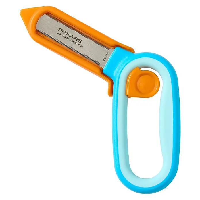 Fiskars Bastel-Set Kreativset für Kinder aus Pappe - 2 -tlg. - Fiskars Karton-Schneidewerkzeug mit orangefarbenem Gehäuse, gezahnter Klinge und blau/hellblauem Griff zum Schneiden und Ritzen von Karton.