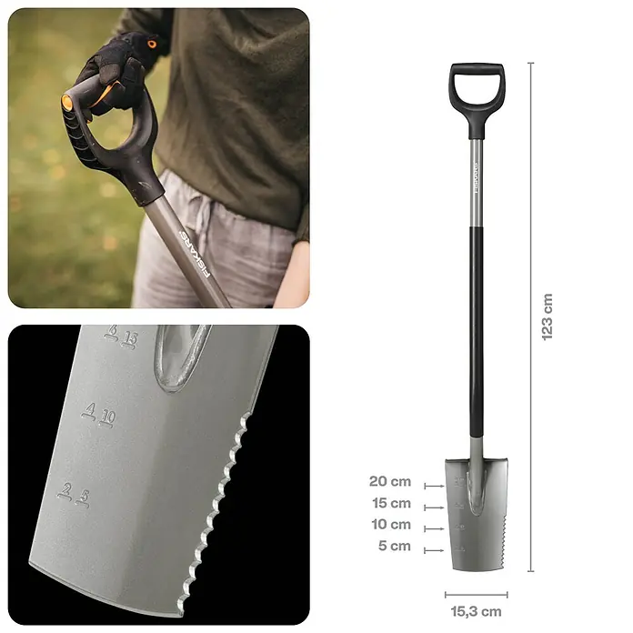 Fiskars Ergonomic Gärtnerspaten - 1.230 mm - Fiskars Grabspaten mit schwarzem D-Griff, silbernem Blatt mit Tiefenmarkierungen und gezackter Kante. Gesamtlänge 123 cm, Breite 15,3 cm.