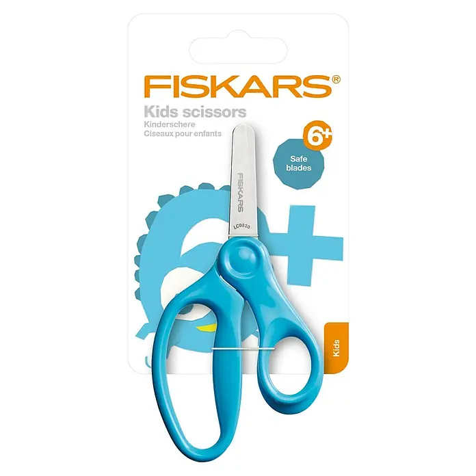 Fiskars Bastelschere - Länge: 131 mm, Türkis - Fiskars Kinderschere mit blauen Kunststoffgriffen und sicheren weißen Klingen, empfohlen ab 6 Jahren.
