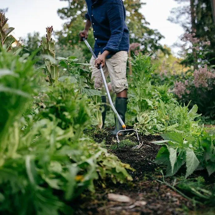 Fiskars Ergonomic Unkrautstecher Push-Pull Weeder - L x B x H: 1.710 x 150 x 280 mm - Person kultiviert mit silberner und oranger Hacke den Boden in einem üppigen Garten, trägt Stiefel und Shorts.