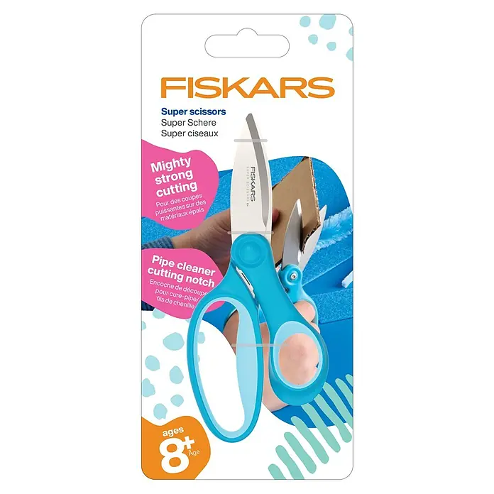 Fiskars Bastelschere Super P981 - Länge: 152 mm - Fiskars Super Schere mit blauen Griffen, silbernen Klingen auf der Verpackung, zeigt Kartonschnitt & Pfeifenreinigerkerbe. Für 8+.