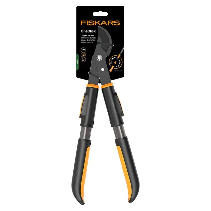 Fiskars OneClick Astschere Bypass - L x B x H: 442 x 170 x 34 mm - Fiskars OneClick Bypass-Astschere mit schwarzen und orangefarbenen Griffen zum Schneiden von Ästen bis 30mm mit Softgrip und Click & Switch Mechanismus.