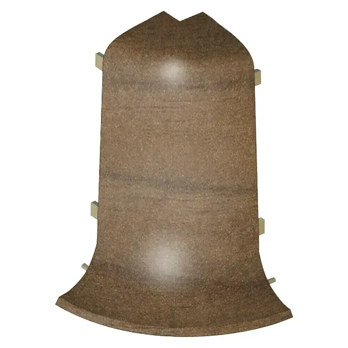 LOGOCLIC Außenecke - Nussbaum, 2 Stk., Geeignet für: Kabelkanal-Sockelleisten - Bild eines braunen, Viertelkreis-Eckprofils mit seitlichen Befestigungsstiften, ideal für Bodenbeläge.