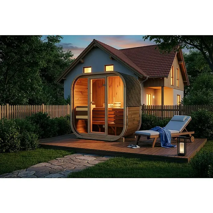 FinnTherm Fasssauna Comfort Set Ellipso M - Elektroofen, Holz