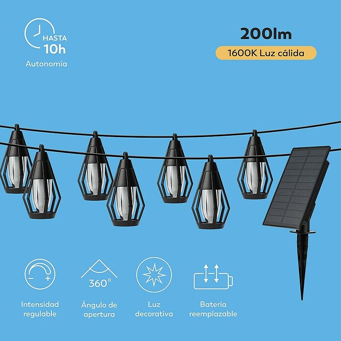 Garza Lámpara decorativa solar (7 m, Ámbar, Número de bombillas: 10 ud., 200 lm, IP44, Sensor crepuscular) | BAUHAUS