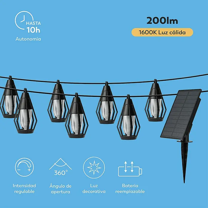 Garza Lámpara decorativa solar - 7 m, Ámbar, Número de bombillas: 10 ud., 200 lm, IP44, Sensor crepuscular - Guirnalda solar negra con luces estilo farol y panel solar separado para iluminación decorativa exterior.