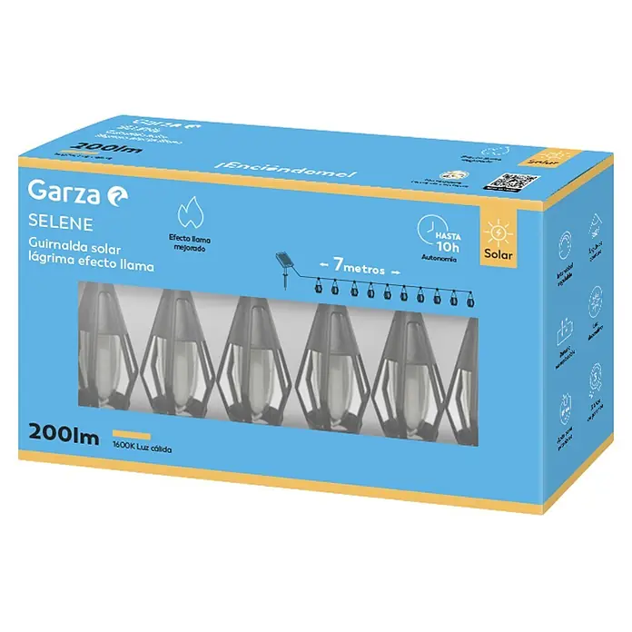 Garza Lámpara decorativa solar - 7 m, Ámbar, Número de bombillas: 10 ud., 200 lm, IP44, Sensor crepuscular - Caja azul claro para guirnalda solar efecto llama Garza Selene de 7m con LEDs cálidos en forma de lágrima, 10h autonomía.