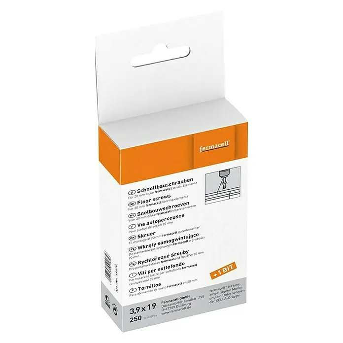 Fermacell Schnellbauschrauben - Durchmesser Kopf: 3,9 mm, Länge: 19 mm, 250 Stk. - Produktbild der fermacell Schnellbauschrauben 3,9x19 mm, ideal für Estrich-Elemente. Inklusive Bit für einfache Verarbeitung.