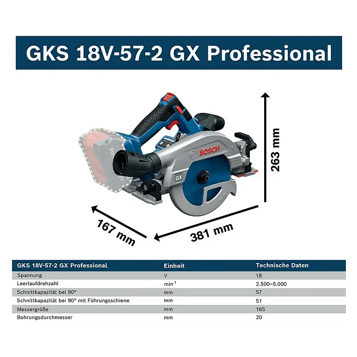 Bosch Professional AMPShare 18V Akku-Handkreissäge Pro Heavy Duty GKS 18V-57-2 GX - 18 V, Ohne Akku, Durchmesser Sägeblatt: 165 mm, 5.000 U/min - Bosch GKS 18V-57-2 GX Professional Akku-Kreissäge in Blau-Schwarz mit grauen Schutzteilen und Maßen.