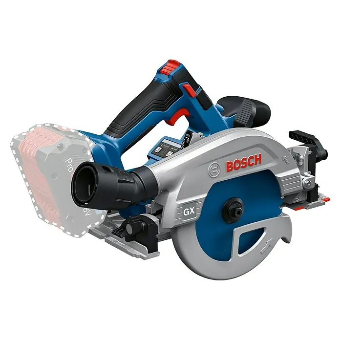 Bosch Professional AMPShare 18V Akku-Handkreissäge GKS 18V-57-2 GX PRO SOLO - 18 V, Ohne Akku, Durchmesser Sägeblatt: 165 mm, 5.000 U/min - Blaue und silberne Bosch Akku-Handkreissäge mit ergonomischem Griff, roten Akzenten und Sägeblattschutz.