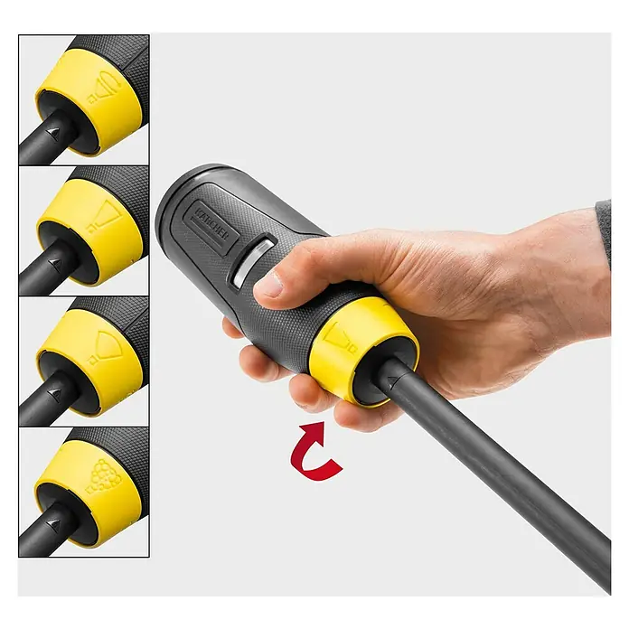 Kärcher Strahlrohr MJ 180 4-in-1 Multi Jet - Passend für: Kärcher Hochdruckreiniger K 6 bis K 7 - Hand dreht den gelben Wahlschalter am schwarzen Kärcher Lanzenstiel, um verschiedene Sprühbilder auszuwählen, angezeigt durch Symbole.