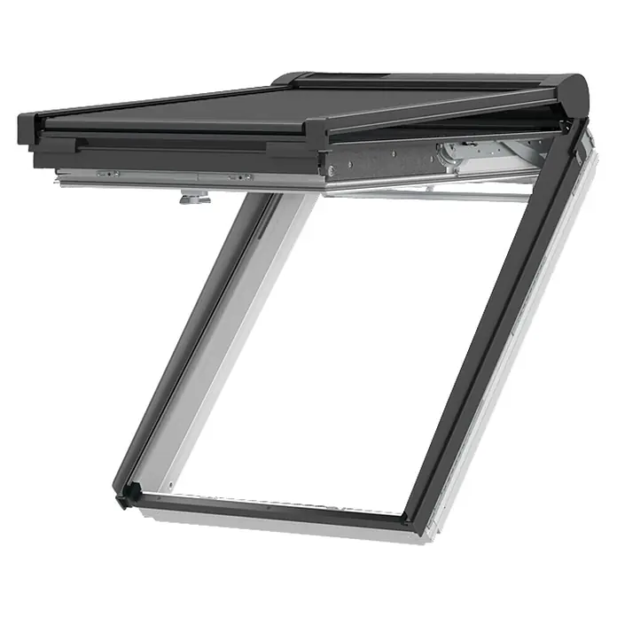 Velux Dachfenster-Rollladen Solar SSL CK06 0000K - Passend für Fenstergröße: CK06, C06, Passend für Fenstertyp: GGL, GGU, GPL, GPU, GHL, GHU, GZL, GLL, GLU, VU und VKU - Dunkelgraue Außenmarkise für Dachfenster, teilweise geöffnet auf einem Dachfenster.