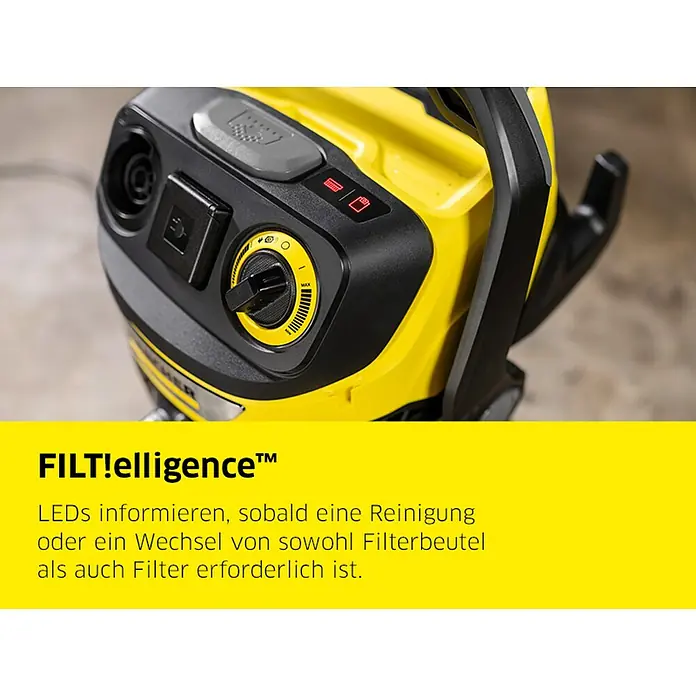 Kärcher Elektro-Nass- & Trockensauger WD 7 Control P S 30/6/35/T - Behältervolumen: 30 l, 1.400 W - Gelbes Kärcher Sauger-Bedienfeld mit LEDs und Drehschalter. LEDs zeigen Filterstatus und Wartungsbedarf an.