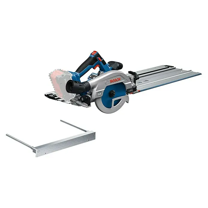 Bosch Professional AMPShare 18V Akku-Handkreissäge GKS 18V-57-2 GX PRO SOLO - 18 V, Ohne Akku, Durchmesser Sägeblatt: 165 mm, 5.000 U/min - Blau-silberne Akku-Tauchsäge auf Führungsschiene mit separatem Parallelanschlag-Zubehör.