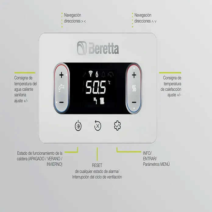 Beretta Caldera Ciao X30 con instalación incluida - 30 kW, 8 l, Display multifunción - Panel de control digital blanco de caldera Beretta con pantalla de temperatura y botones de ajuste de agua caliente y calefacción.