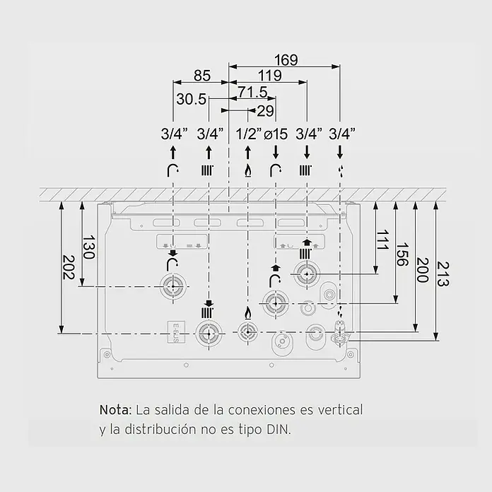 Vaillant Caldera Ecotec Intro 24 - 24 W, 8 l, Display LED - Diagrama técnico con dimensiones de instalación y tipos de conexión de un aparato, incluyendo tamaños de puertos, espacios y direcciones de flujo.