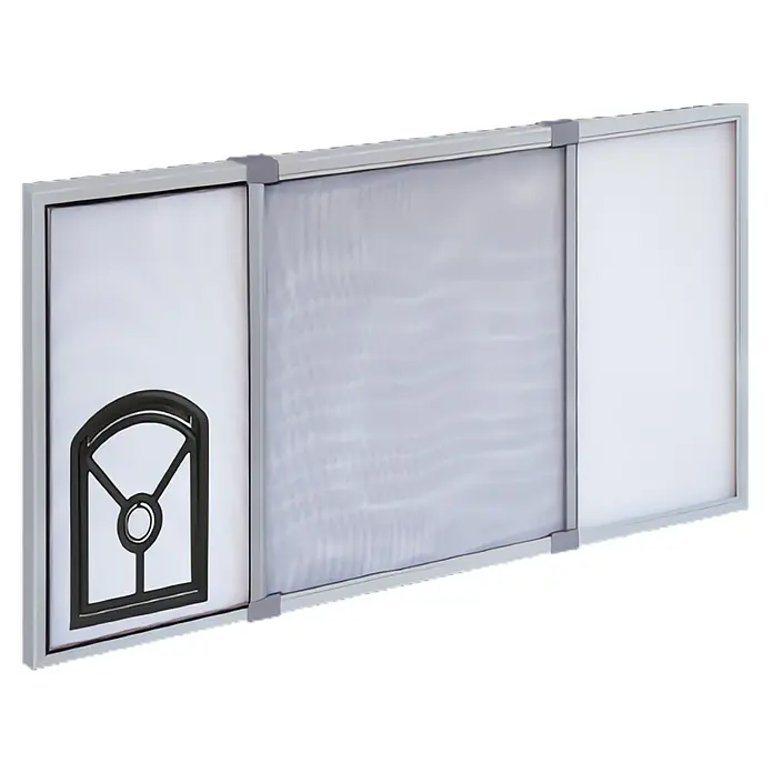 Mosquitera para ventana Telesio - An x Al: 50 x 70 cm, Extensible, Con gatera - Mosquitera corredera gris de tres paneles con malla y dos paneles blancos, uno con diseño de ventana arqueada.