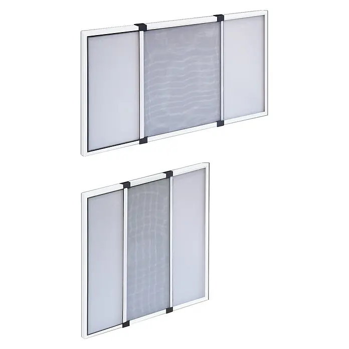 Mosquitera para ventana Telesio - An x Al: 50 x 70 cm, Extensible - Dos mosquiteras correderas para ventanas con marco blanco y paneles de malla gris.