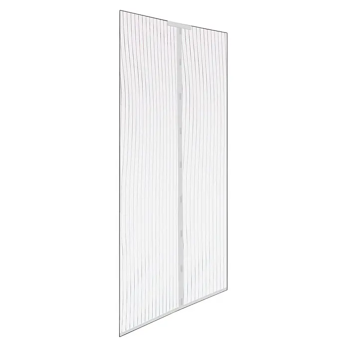 Mosquitera Ecco - An x Al: 140 x 240 cm, Puertas, Fijación magnética - Mosquitera magnética blanca para puertas, con finas rayas verticales y cierre magnético central gris.