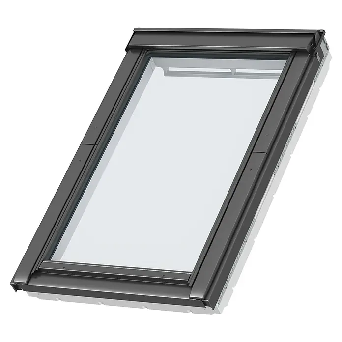 Velux Klapp-Schwingfenster GPU SK08 0084 Energie - 114 x 140 cm - Modernes, dunkelgraues Dachfenster mit Klarglas und weißem Seitenrahmen.