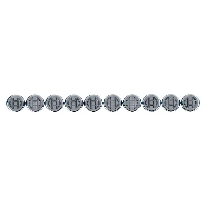 Bosch Professional Streifennägel NB-19 PRO - Länge Nagel: 19 mm, Verzinkt, 1.000 Stk. - Verbundene silbergraue Metallelemente mit Bosch-Logo, bilden eine flexible Kette mit blauen Verbindungsstücken.