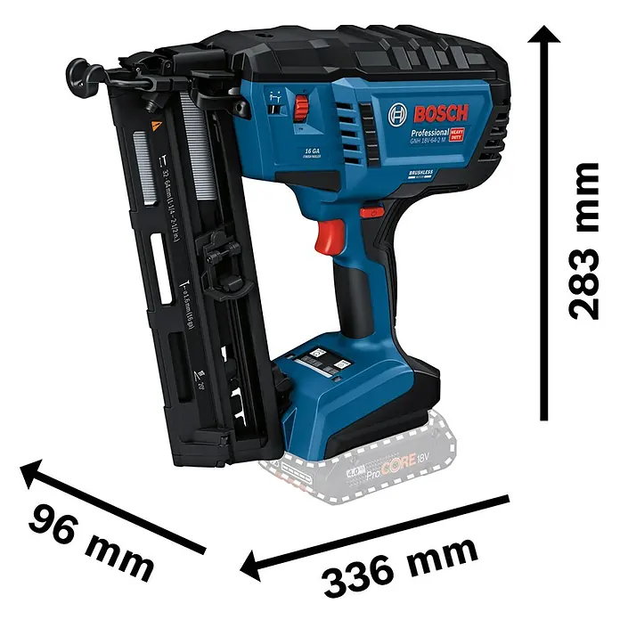 Bosch Professional Akku-Nagler GNH 18V-64-2 M PRO SOLO - 18 V, Ohne Akku, Länge Nagel: 32 mm - 64 mm - Blauer und schwarzer Bosch GNH 18V-64-2 M Akku-Nagler für 16 GA Nägel mit ProCORE 18V Akku. Maße 336x96x283 mm.