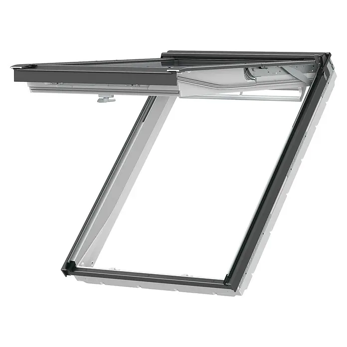 Velux Klapp-Schwingfenster GPU SK08 0084 Energie - 114 x 140 cm - Geöffnetes Dachfenster mit dunklem Rahmen und weißen Innenteilen, für Dacheinbau angewinkelt.