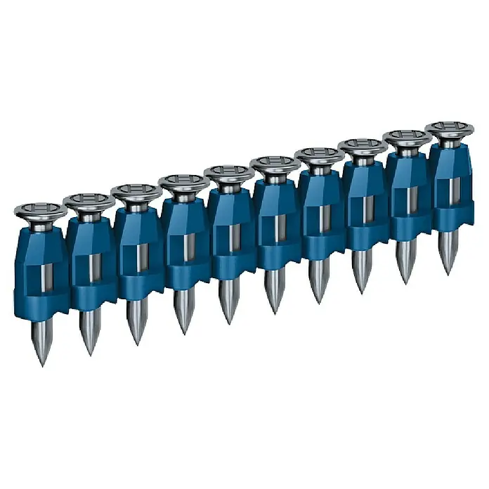Bosch Professional Streifennägel NB-19 PRO - Länge Nagel: 19 mm, Verzinkt, 1.000 Stk. - Blaue Kunststoff-Streifennägel mit silbernen Metallspitzen und runden, gemusterten Köpfen, bandiert für ein Nagelgerät.