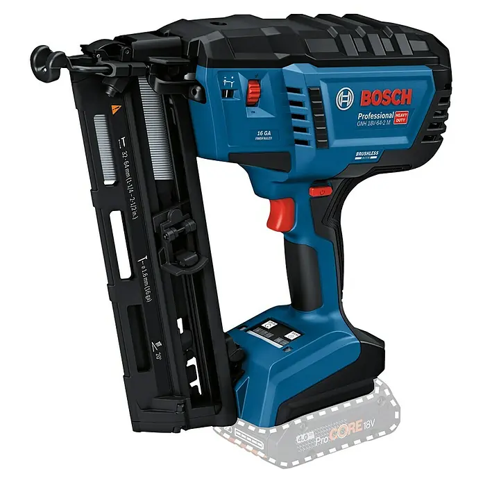 Bosch Professional Akku-Nagler GNH 18V-64-2 M PRO SOLO - 18 V, Ohne Akku, Länge Nagel: 32 mm - 64 mm - Blauer und schwarzer Bosch 16 GA Akku-Nagler mit ProCORE 18V Akku.