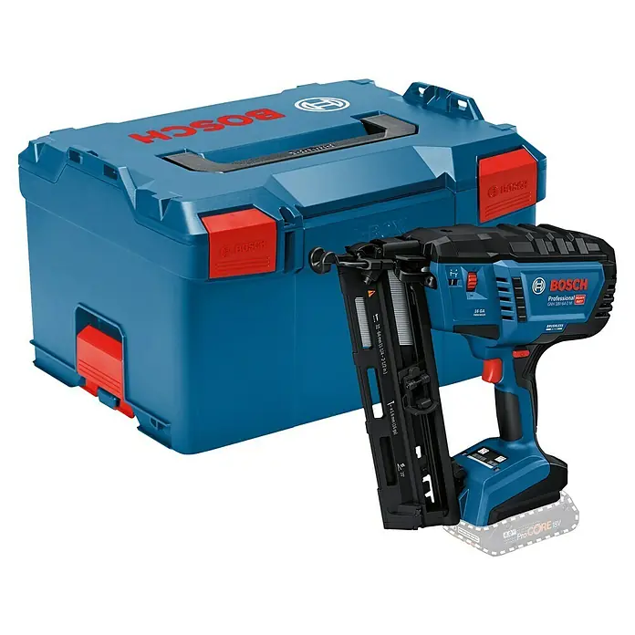 Bosch Professional Akku-Nagler GNH 18V-64-2 M PRO SOLO - 18 V, Ohne Akku, Länge Nagel: 32 mm - 64 mm - Blaue Bosch L-Boxx mit blau-schwarzem Bosch Professional 18V Akku-Nagler und Akku.