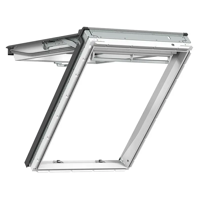 Velux Klapp-Schwingfenster GPU SK08 0084 Energie - 114 x 140 cm - Geöffnetes weißes Dachfenster mit dunkelgrauem Außenrahmen, das die inneren Mechanismen zeigt.