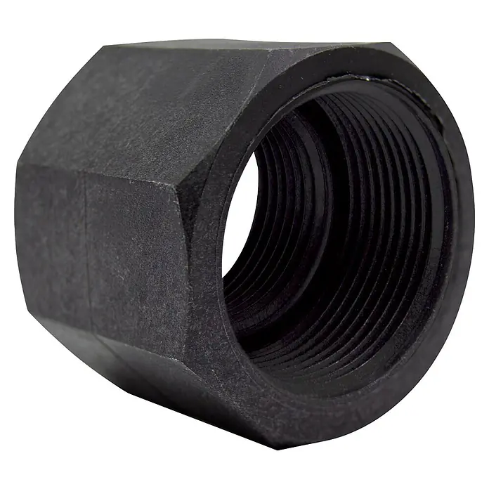 Manguito reductor H-H - 1¼'' × 1'' - Tuerca hexagonal de plástico negro con textura rugosa y rosca interna.