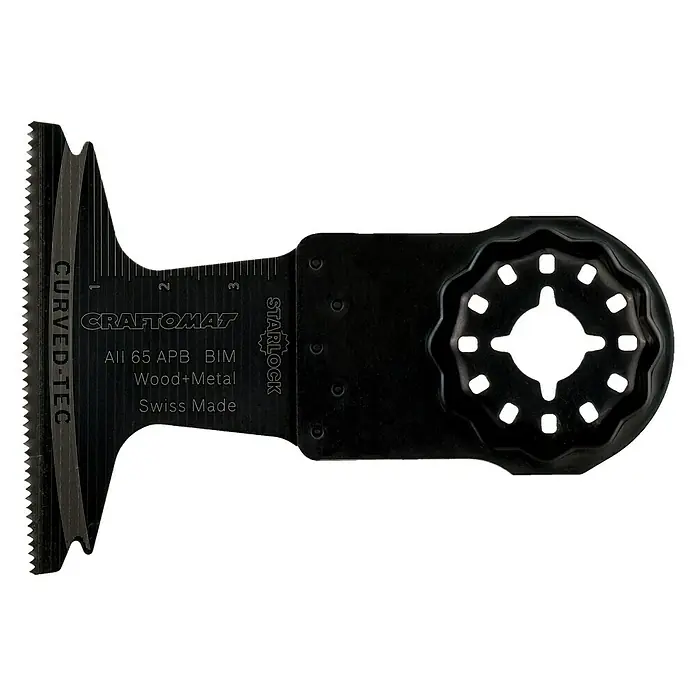 Craftomat Tauchsägeblatt AIZ 65 BB - 65 mm, Material: Bi-Metall, Geeignet für: Hartholz - Das Bild zeigt ein Craftomat All 65 APB BIM Sägeblatt für Holz und Metall, hergestellt in der Schweiz, mit Starlock Aufnahme.